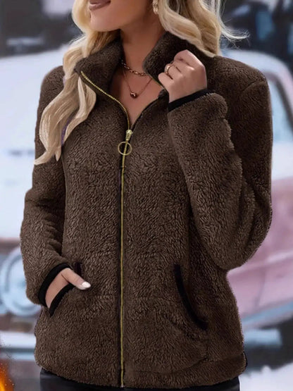 Pink Fleece Zip-Up Jacket With Contrast Trim - Bitsy Gypsy Boutique