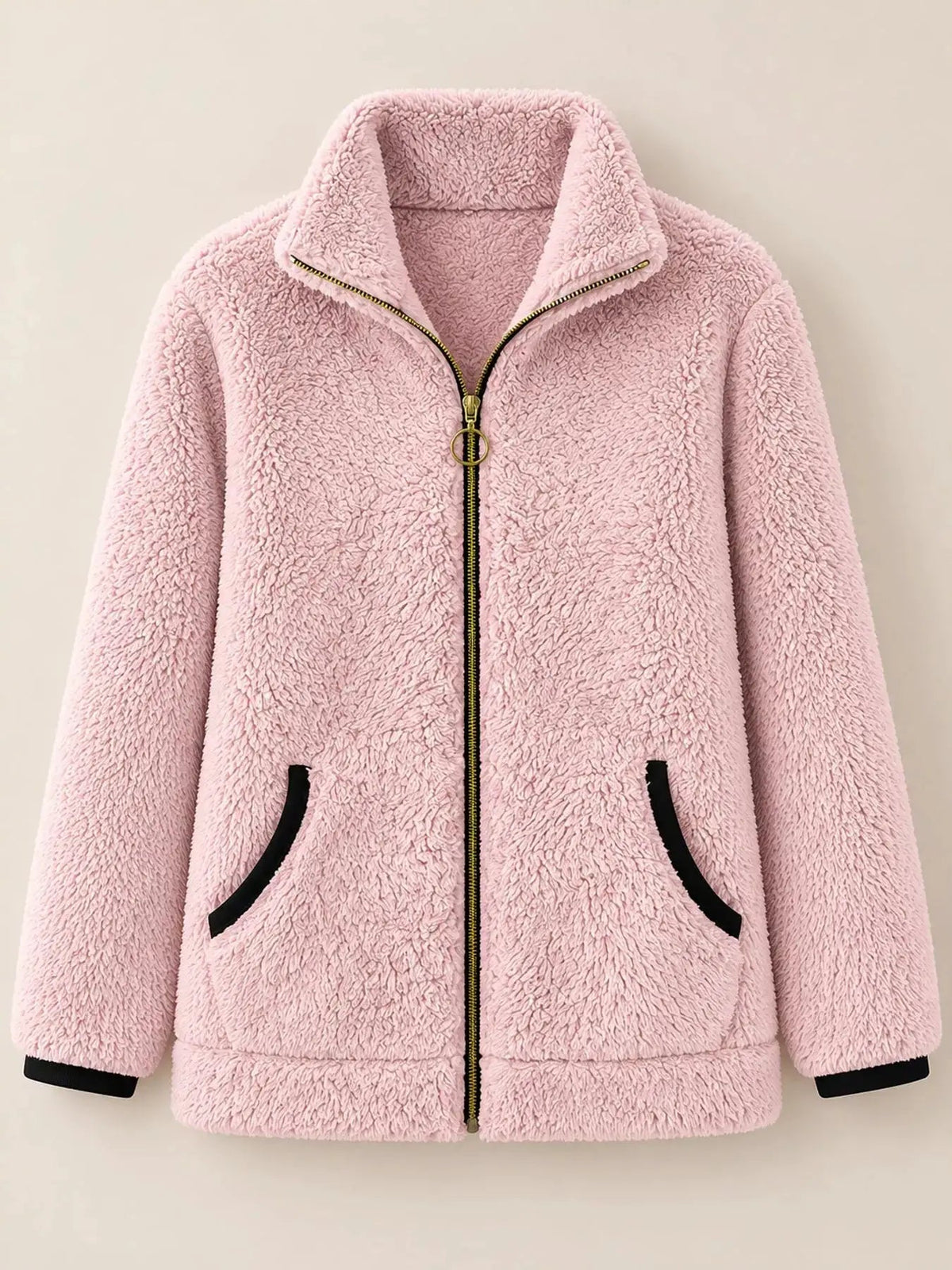 Pink Fleece Zip-Up Jacket With Contrast Trim - Bitsy Gypsy Boutique