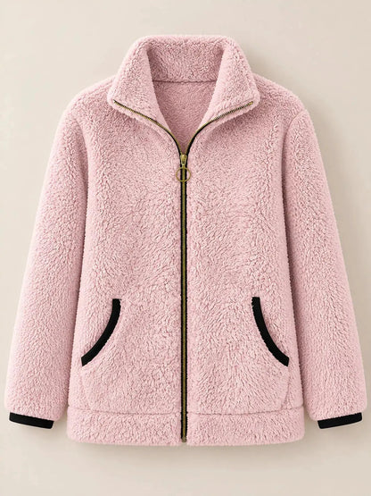Pink Fleece Zip-Up Jacket With Contrast Trim - Bitsy Gypsy Boutique