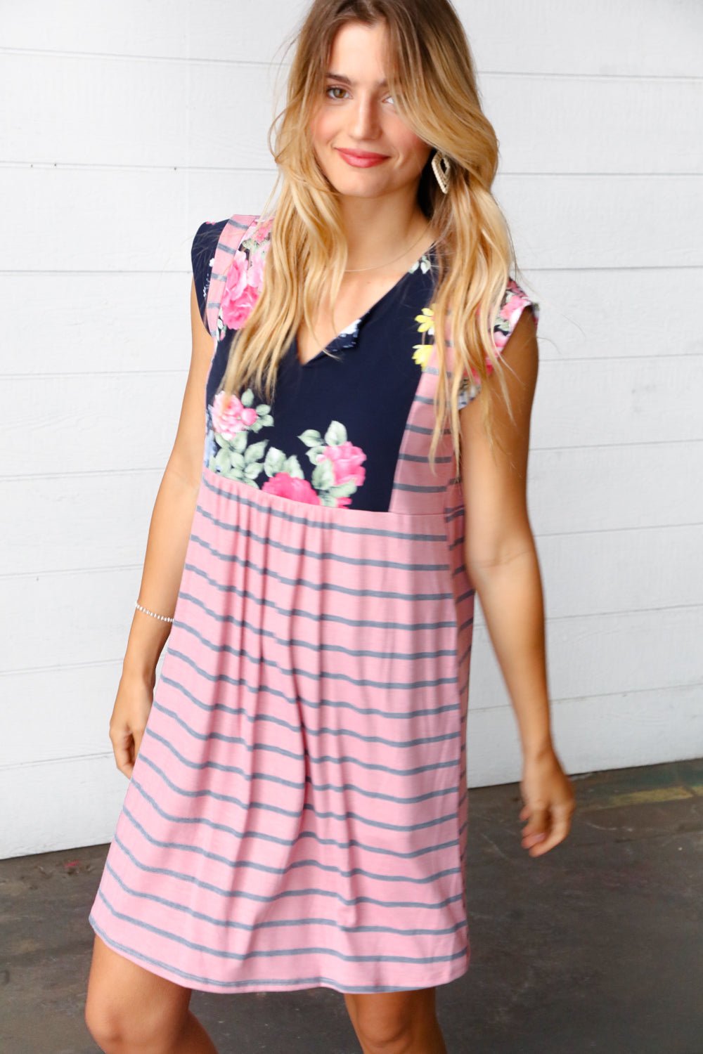 Pink Floral & Striped Yoke Babydoll Dress - Bitsy Gypsy Boutique