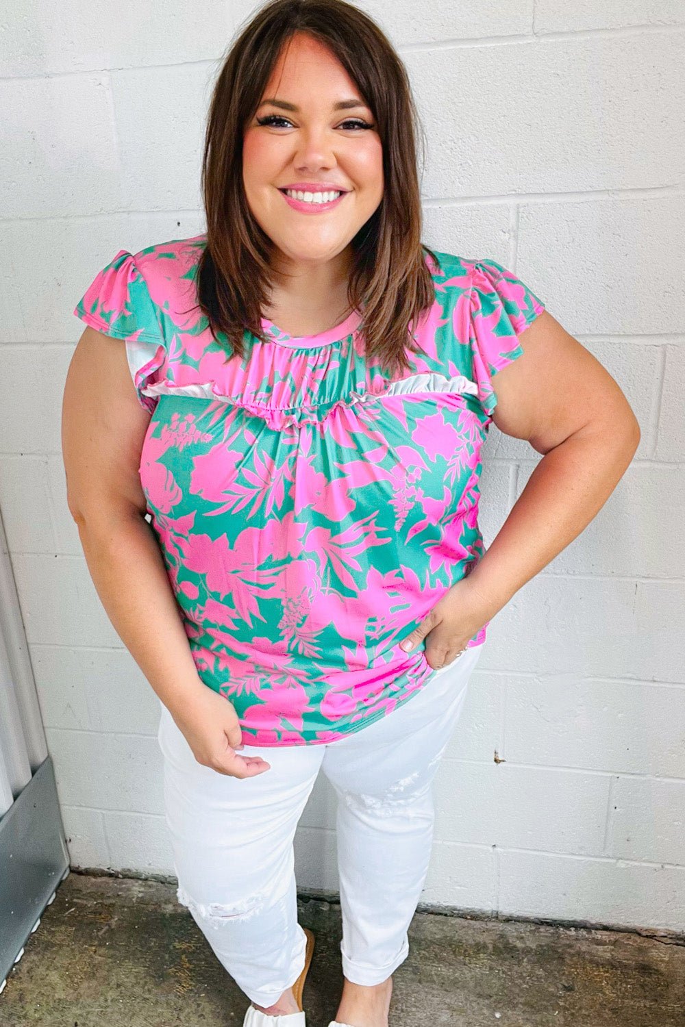 Pink & Green Floral Print Frilled Short Sleeve Yoke Top - Bitsy Gypsy Boutique