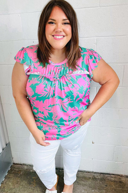 Pink & Green Floral Print Frilled Short Sleeve Yoke Top - Bitsy Gypsy Boutique