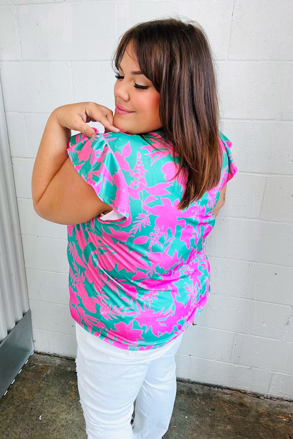 Pink & Green Floral Print Frilled Short Sleeve Yoke Top - Bitsy Gypsy Boutique