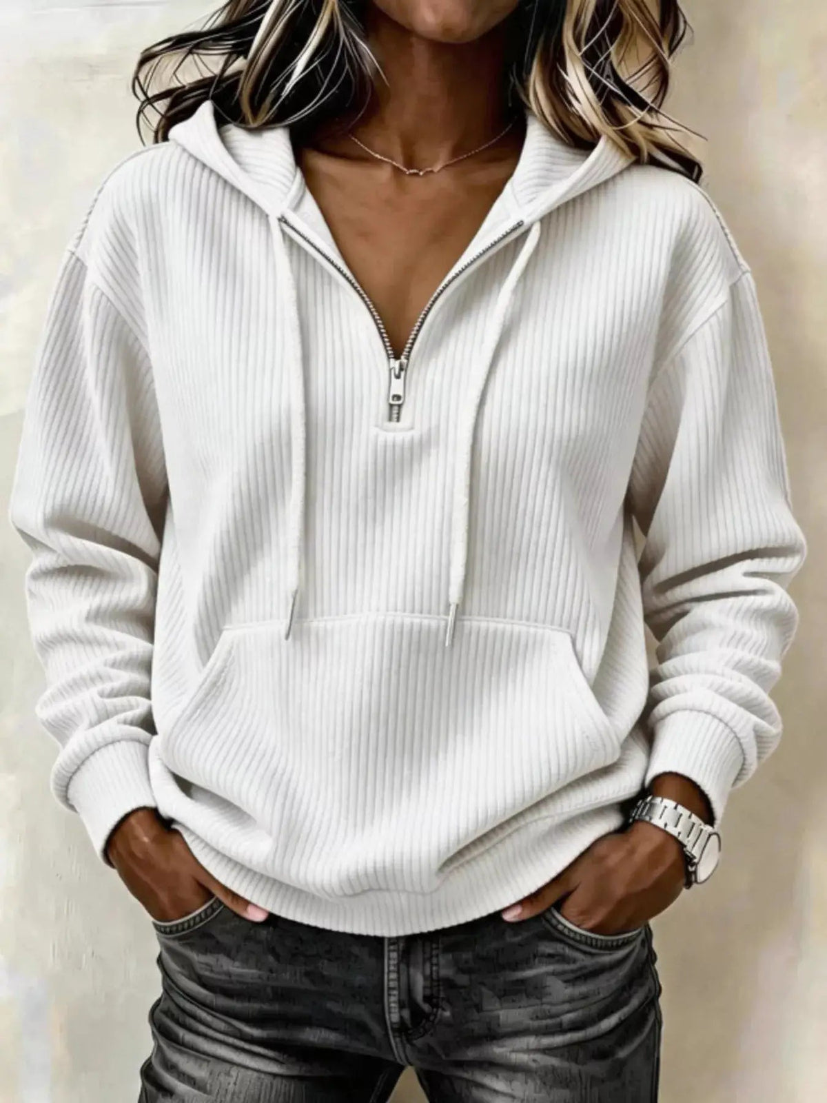 Pink Long Sleeve Ribbed Pocketed Quarter Zip Hoodie - Bitsy Gypsy Boutique