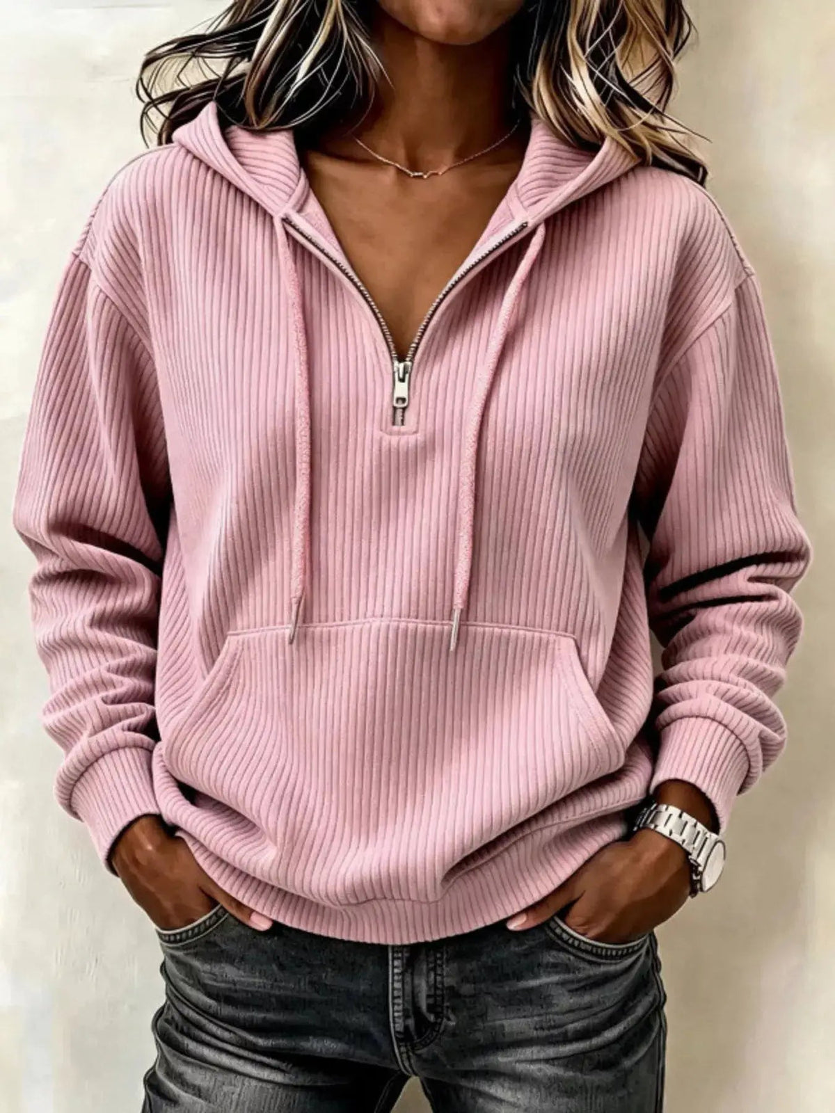 Pink Long Sleeve Ribbed Pocketed Quarter Zip Hoodie - Bitsy Gypsy Boutique