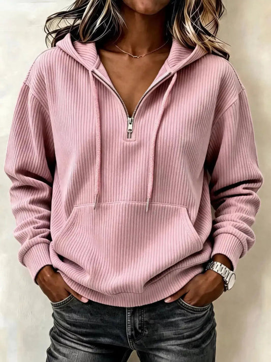 Pink Long Sleeve Ribbed Pocketed Quarter Zip Hoodie - Bitsy Gypsy Boutique