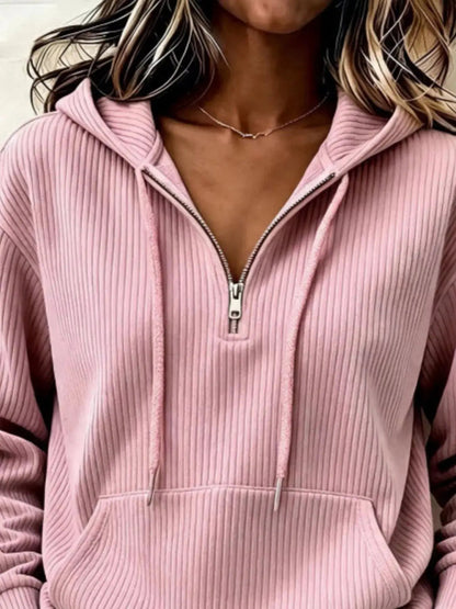 Pink Long Sleeve Ribbed Pocketed Quarter Zip Hoodie - Bitsy Gypsy Boutique