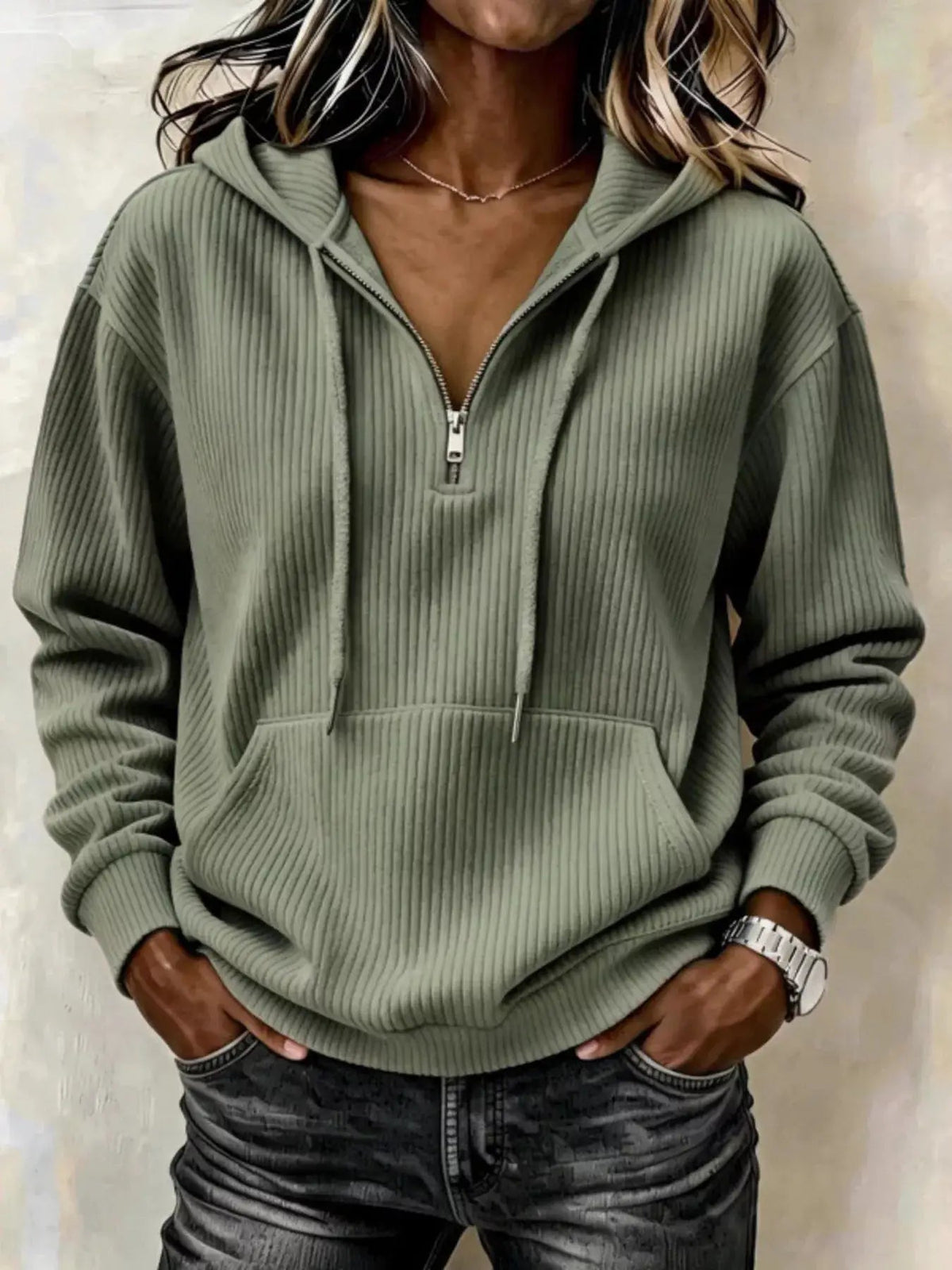 Pink Long Sleeve Ribbed Pocketed Quarter Zip Hoodie - Bitsy Gypsy Boutique