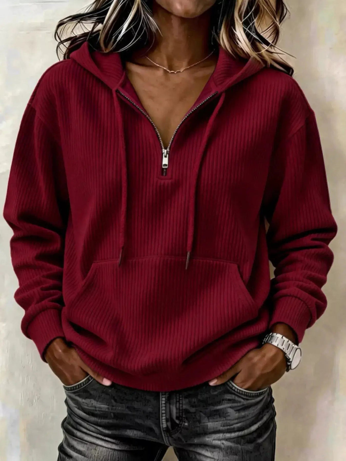 Pink Long Sleeve Ribbed Pocketed Quarter Zip Hoodie - Bitsy Gypsy Boutique