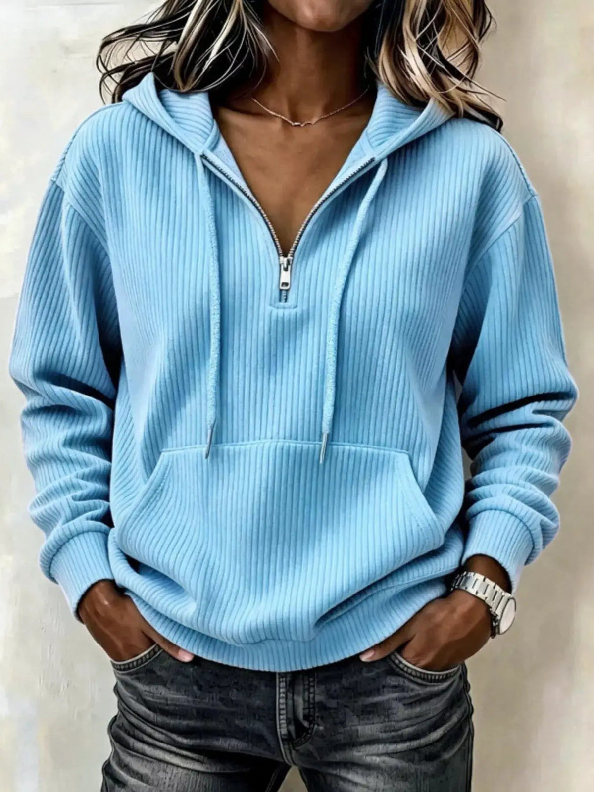 Pink Long Sleeve Ribbed Pocketed Quarter Zip Hoodie - Bitsy Gypsy Boutique