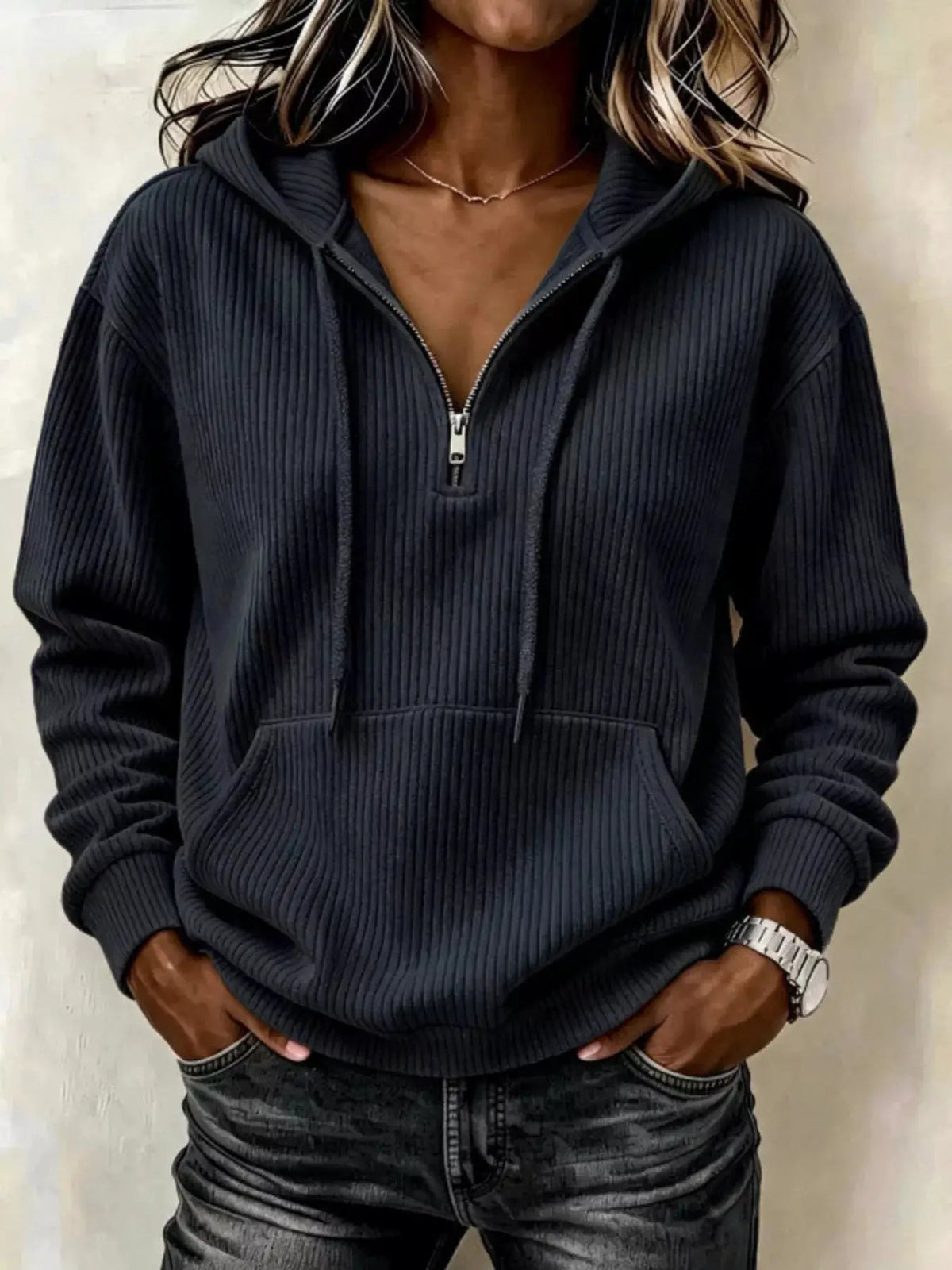 Pink Long Sleeve Ribbed Pocketed Quarter Zip Hoodie - Bitsy Gypsy Boutique