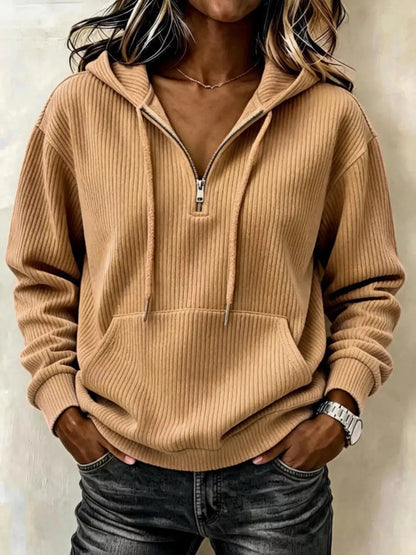 Pink Long Sleeve Ribbed Pocketed Quarter Zip Hoodie - Bitsy Gypsy Boutique