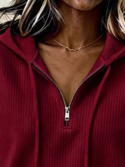Pink Long Sleeve Ribbed Pocketed Quarter Zip Hoodie - Bitsy Gypsy Boutique