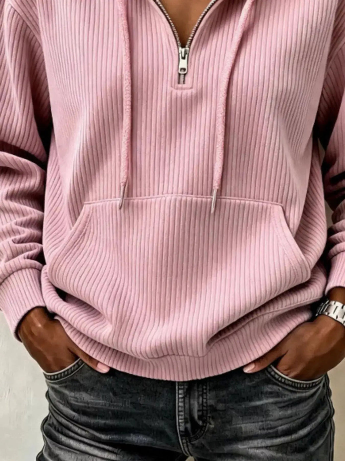 Pink Long Sleeve Ribbed Pocketed Quarter Zip Hoodie - Bitsy Gypsy Boutique