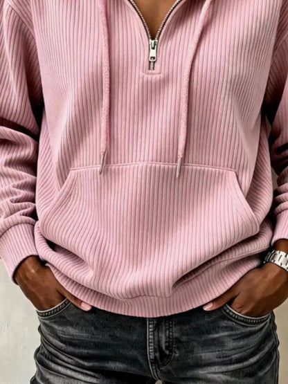 Pink Long Sleeve Ribbed Pocketed Quarter Zip Hoodie - Bitsy Gypsy Boutique