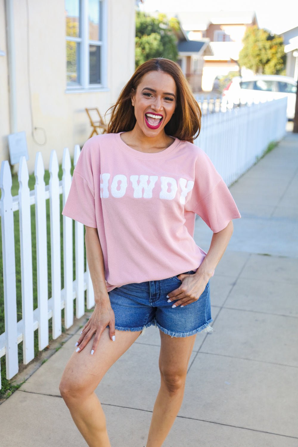 Pink Pop - Up Embroidered "HOWDY" Ribbed Top - Bitsy Gypsy Boutique