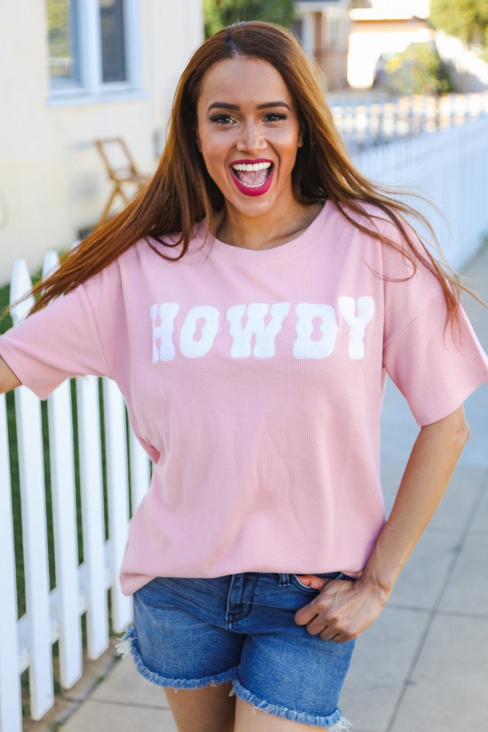 Pink Pop - Up Embroidered "HOWDY" Ribbed Top - Bitsy Gypsy Boutique