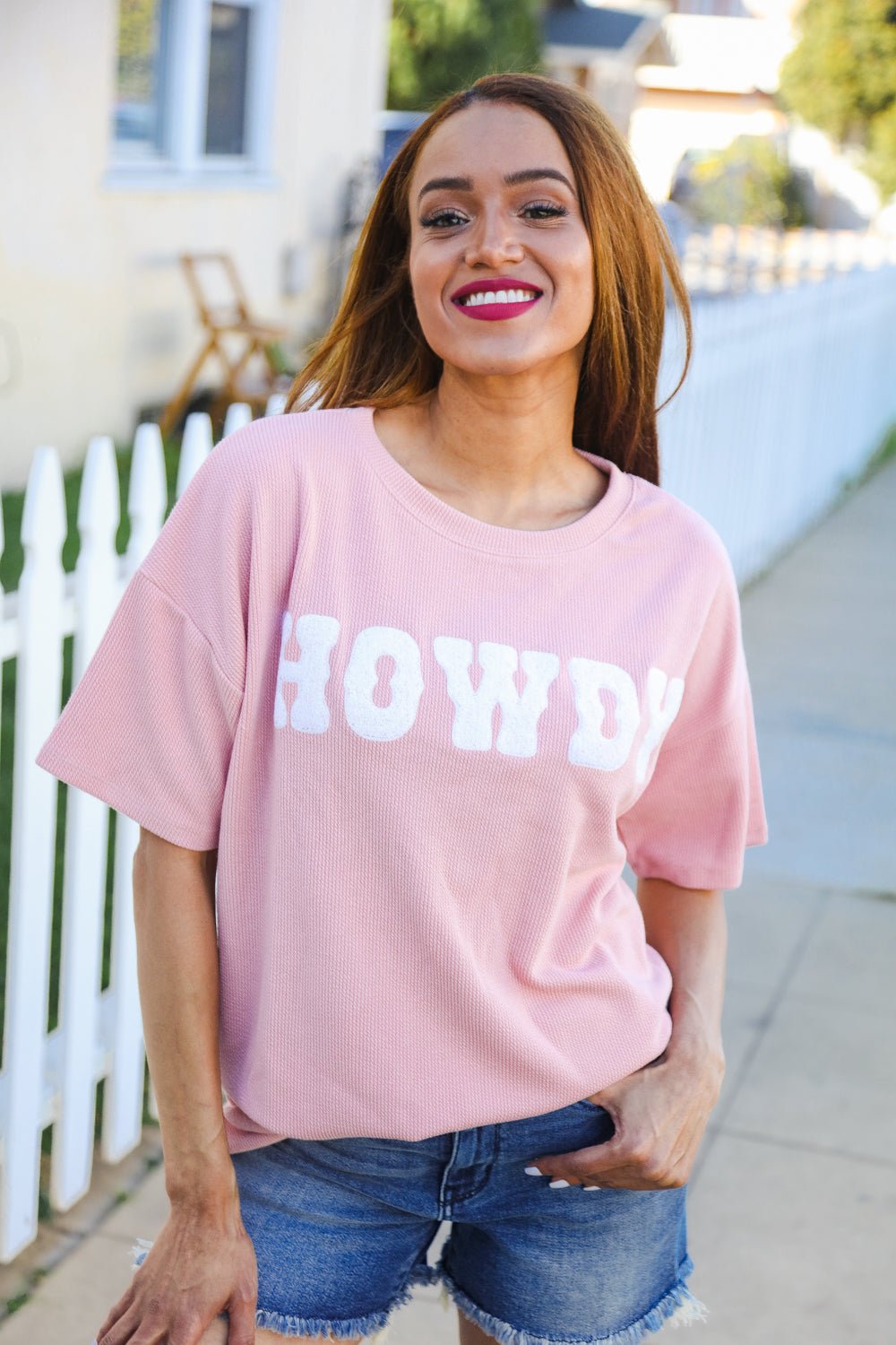 Pink Pop - Up Embroidered "HOWDY" Ribbed Top - Bitsy Gypsy Boutique