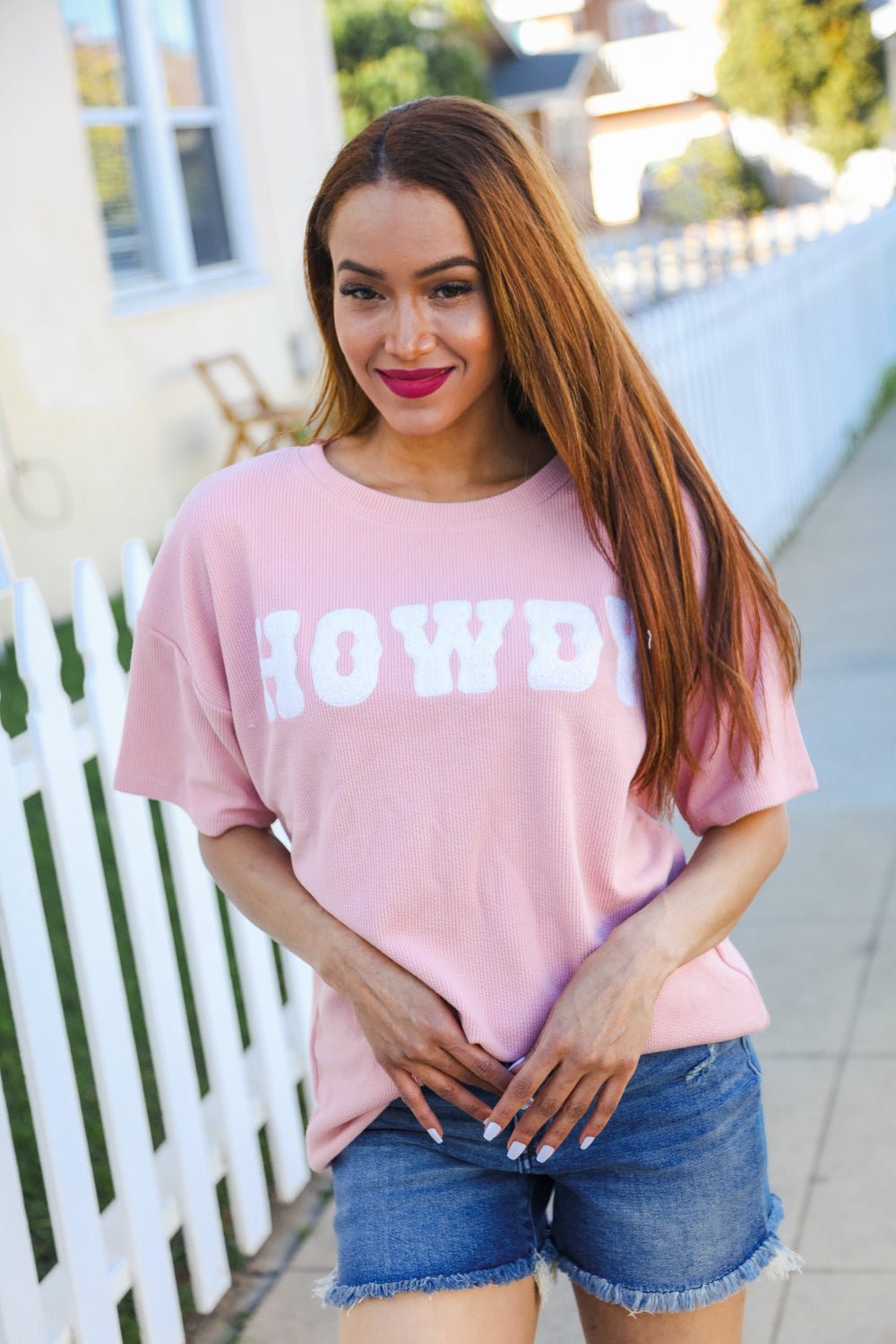 Pink Pop - Up Embroidered "HOWDY" Ribbed Top - Bitsy Gypsy Boutique