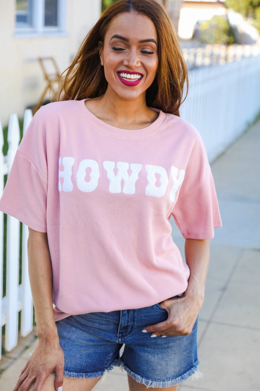 Pink Pop - Up Embroidered "HOWDY" Ribbed Top - Bitsy Gypsy Boutique