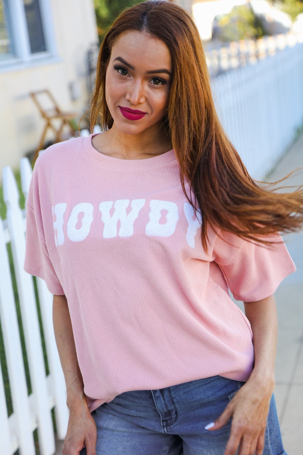 Pink Pop - Up Embroidered "HOWDY" Ribbed Top - Bitsy Gypsy Boutique