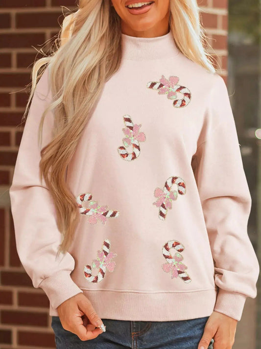 Pink Sequin Candy Cane Ribbed Mock Neck Sweatshirt - Bitsy Gypsy Boutique