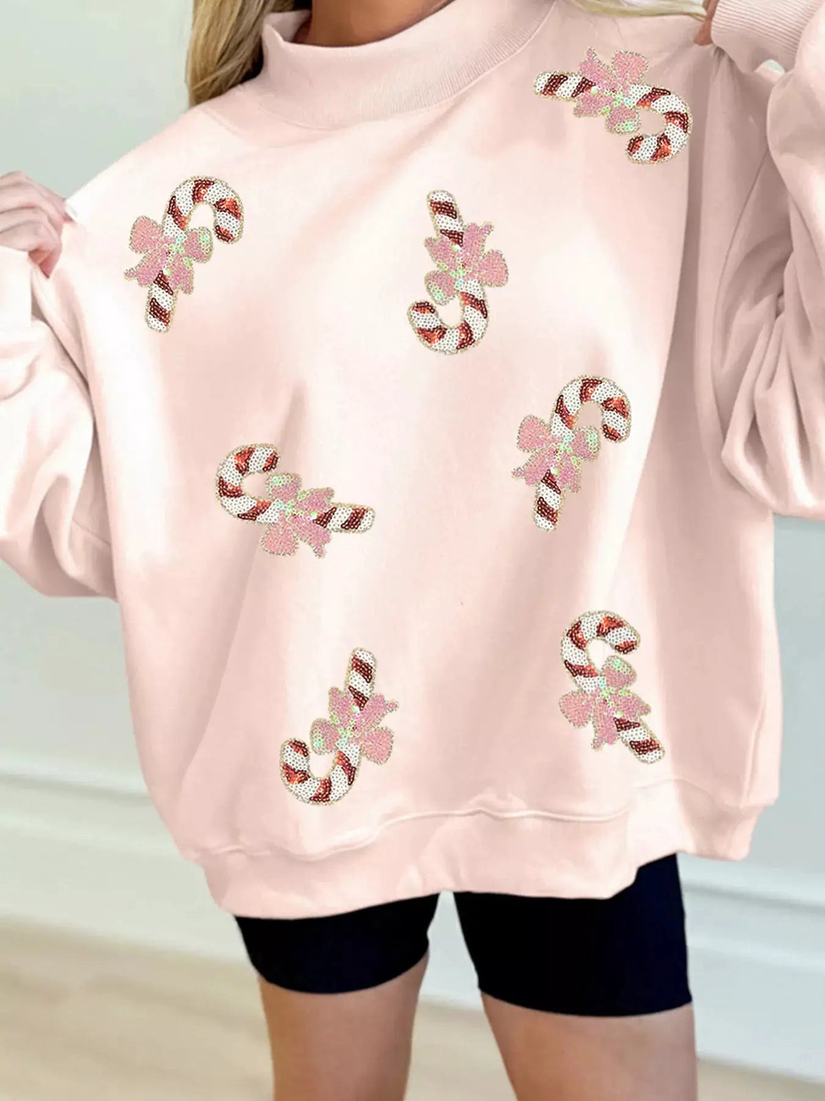 Pink Sequin Candy Cane Ribbed Mock Neck Sweatshirt - Bitsy Gypsy Boutique