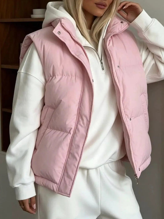 Pink Snap-Button Quilted Puffer Vest With Zip - Bitsy Gypsy Boutique