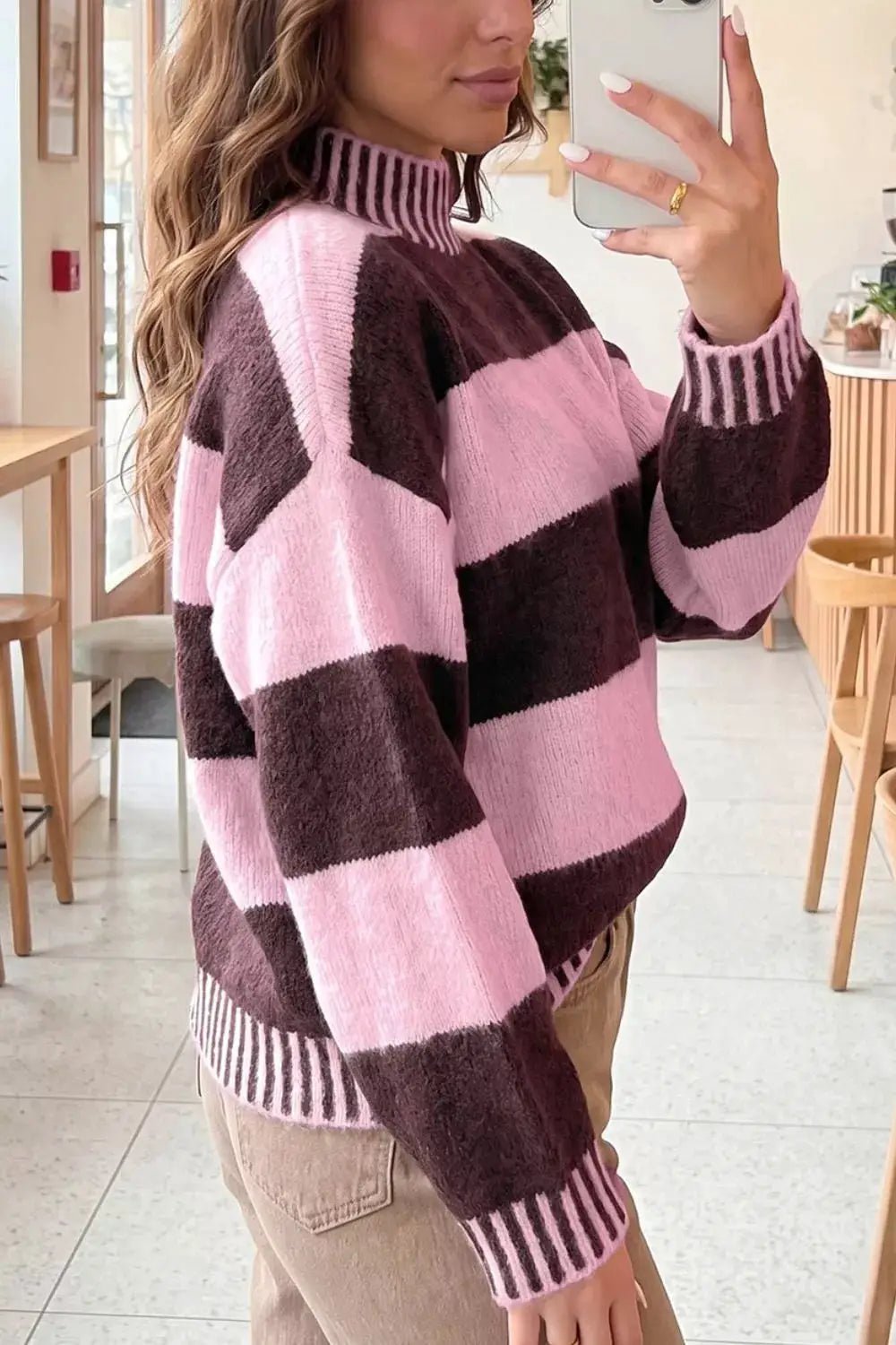 Pink Striped High Neck Dropped Shoulder Sweater - Bitsy Gypsy Boutique