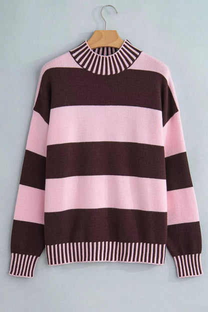 Pink Striped High Neck Dropped Shoulder Sweater - Bitsy Gypsy Boutique