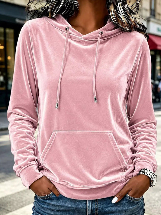 Pink Velvet Drawstring Kangaroo Pocket Hoodie - Bitsy Gypsy Boutique