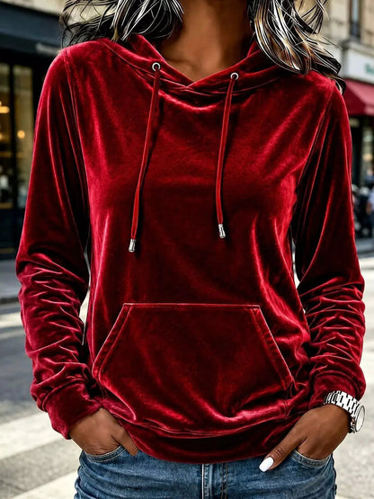 Pink Velvet Drawstring Kangaroo Pocket Hoodie - Bitsy Gypsy Boutique