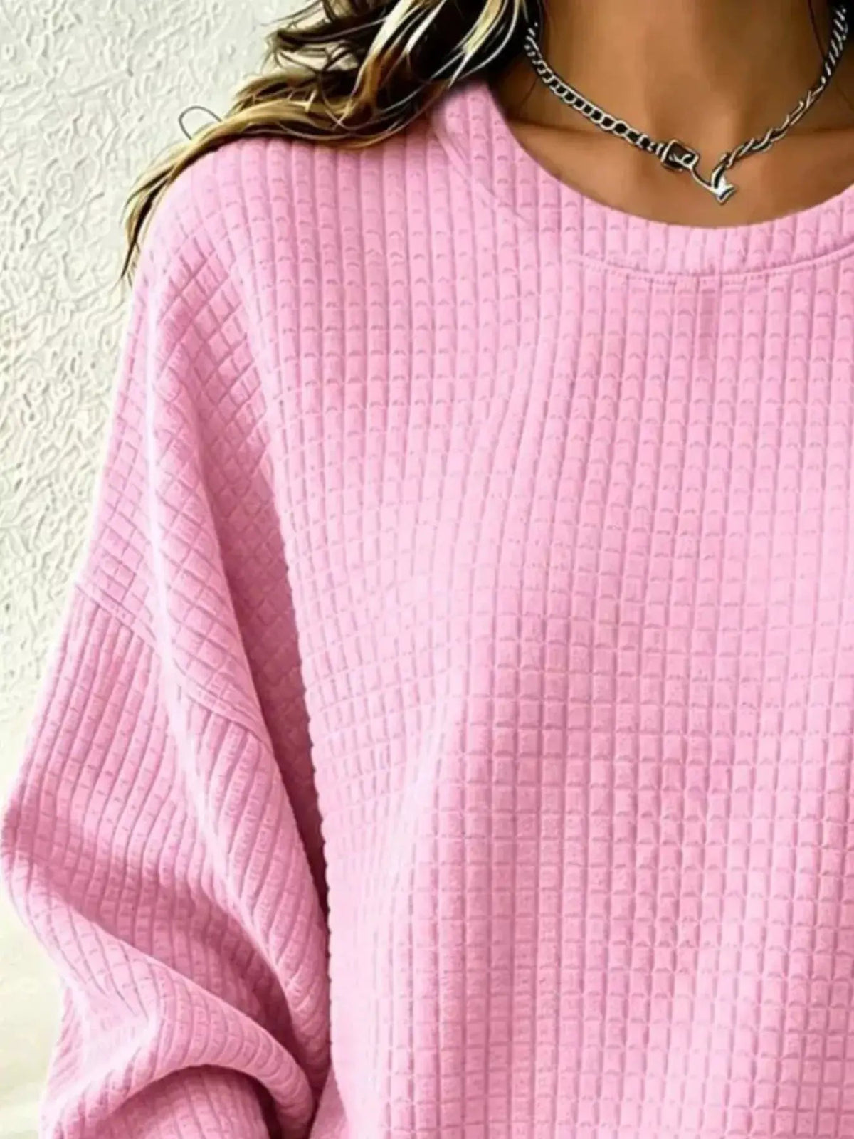 Pink Waffle Knit Crew Neck Long Sleeve Sweatshirt - Bitsy Gypsy Boutique