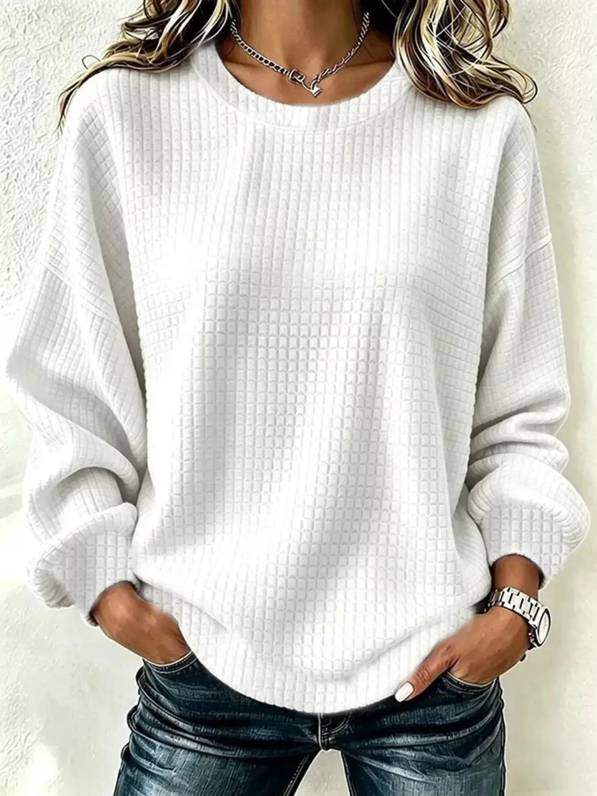 Pink Waffle Knit Crew Neck Long Sleeve Sweatshirt - Bitsy Gypsy Boutique