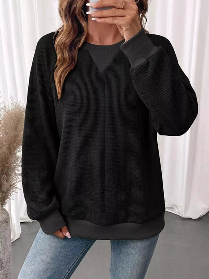 Pink Waffle Knit Crew Neck Long Sleeve Sweatshirt - Bitsy Gypsy Boutique