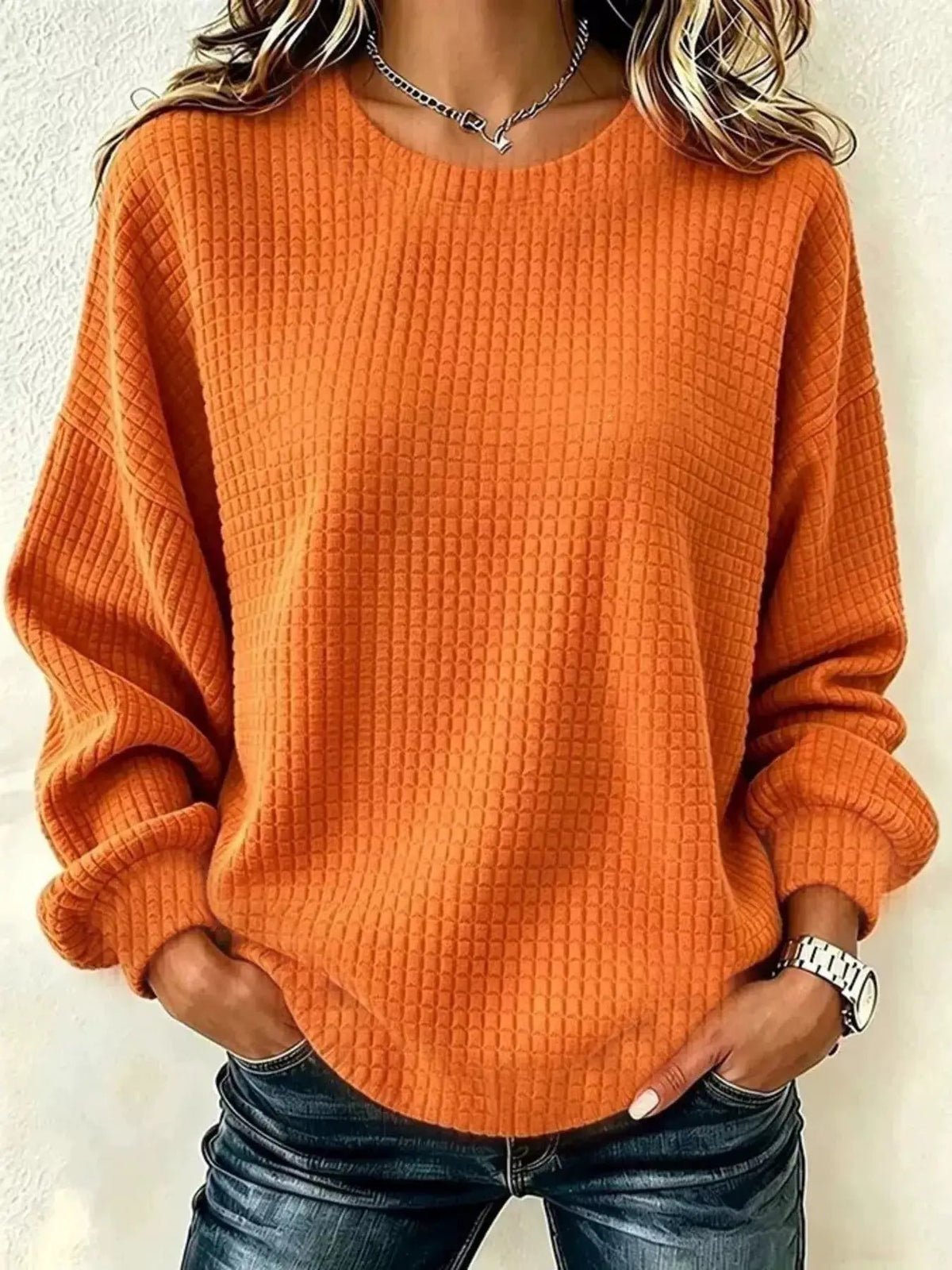 Pink Waffle Knit Crew Neck Long Sleeve Sweatshirt - Bitsy Gypsy Boutique