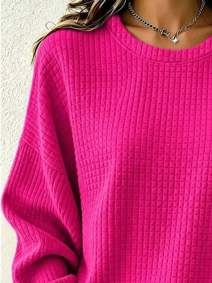 Pink Waffle Knit Crew Neck Long Sleeve Sweatshirt - Bitsy Gypsy Boutique