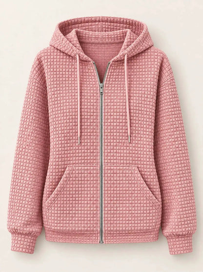 Pink Waffle Knit Zip-Up Hoodie With Drawstrings - Bitsy Gypsy Boutique