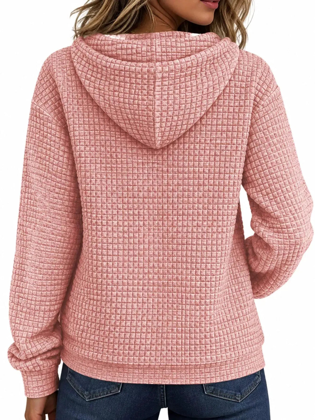 Pink Waffle Knit Zip-Up Hoodie With Drawstrings - Bitsy Gypsy Boutique