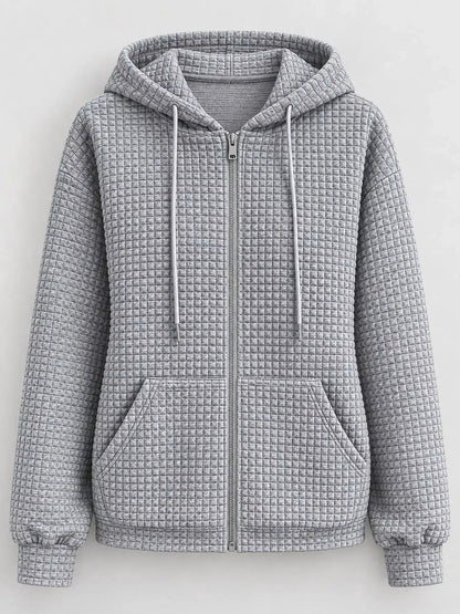 Pink Waffle Knit Zip-Up Hoodie With Drawstrings - Bitsy Gypsy Boutique