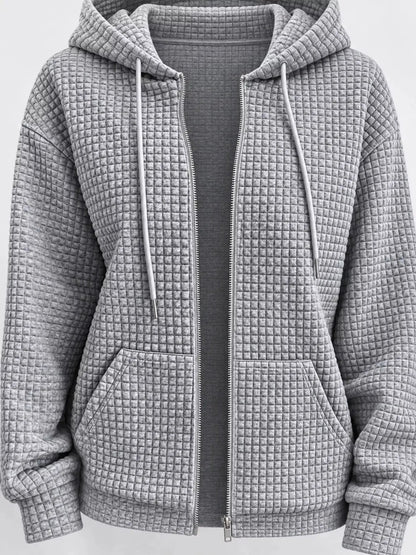 Pink Waffle Knit Zip-Up Hoodie With Drawstrings - Bitsy Gypsy Boutique