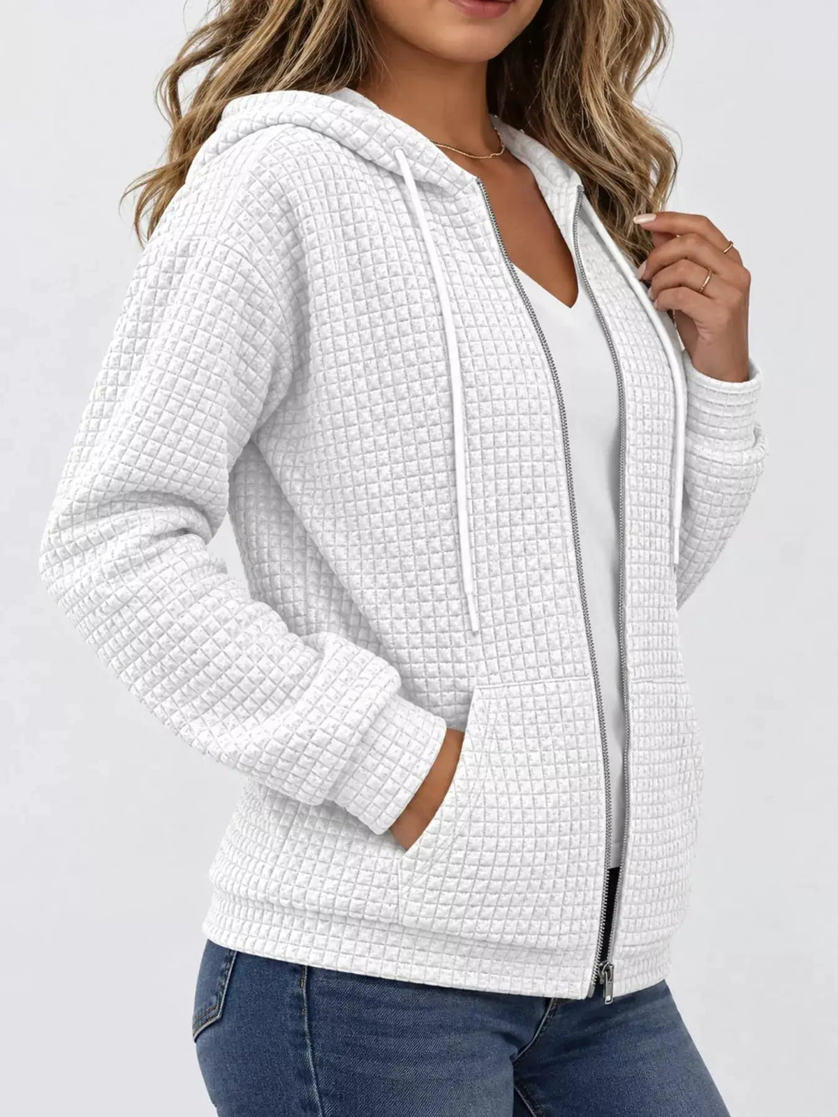 Pink Waffle Knit Zip-Up Hoodie With Drawstrings - Bitsy Gypsy Boutique