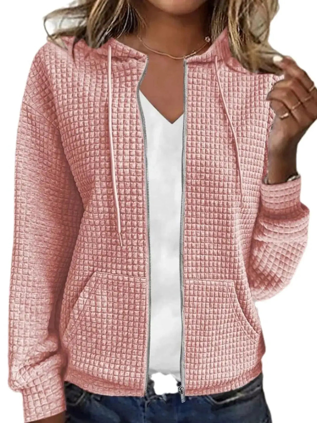 Pink Waffle Knit Zip-Up Hoodie With Drawstrings - Bitsy Gypsy Boutique