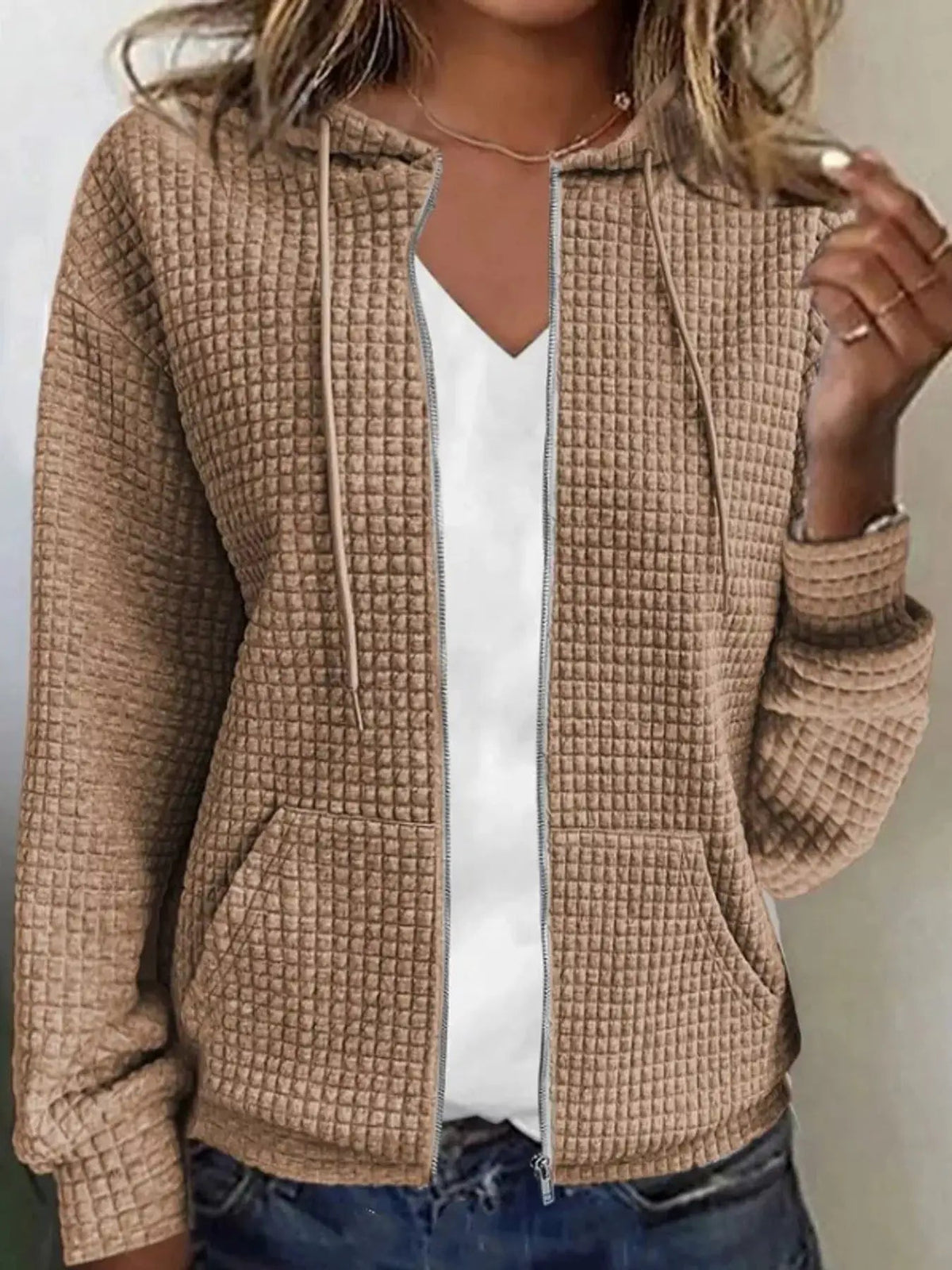 Pink Waffle Knit Zip-Up Hoodie With Drawstrings - Bitsy Gypsy Boutique