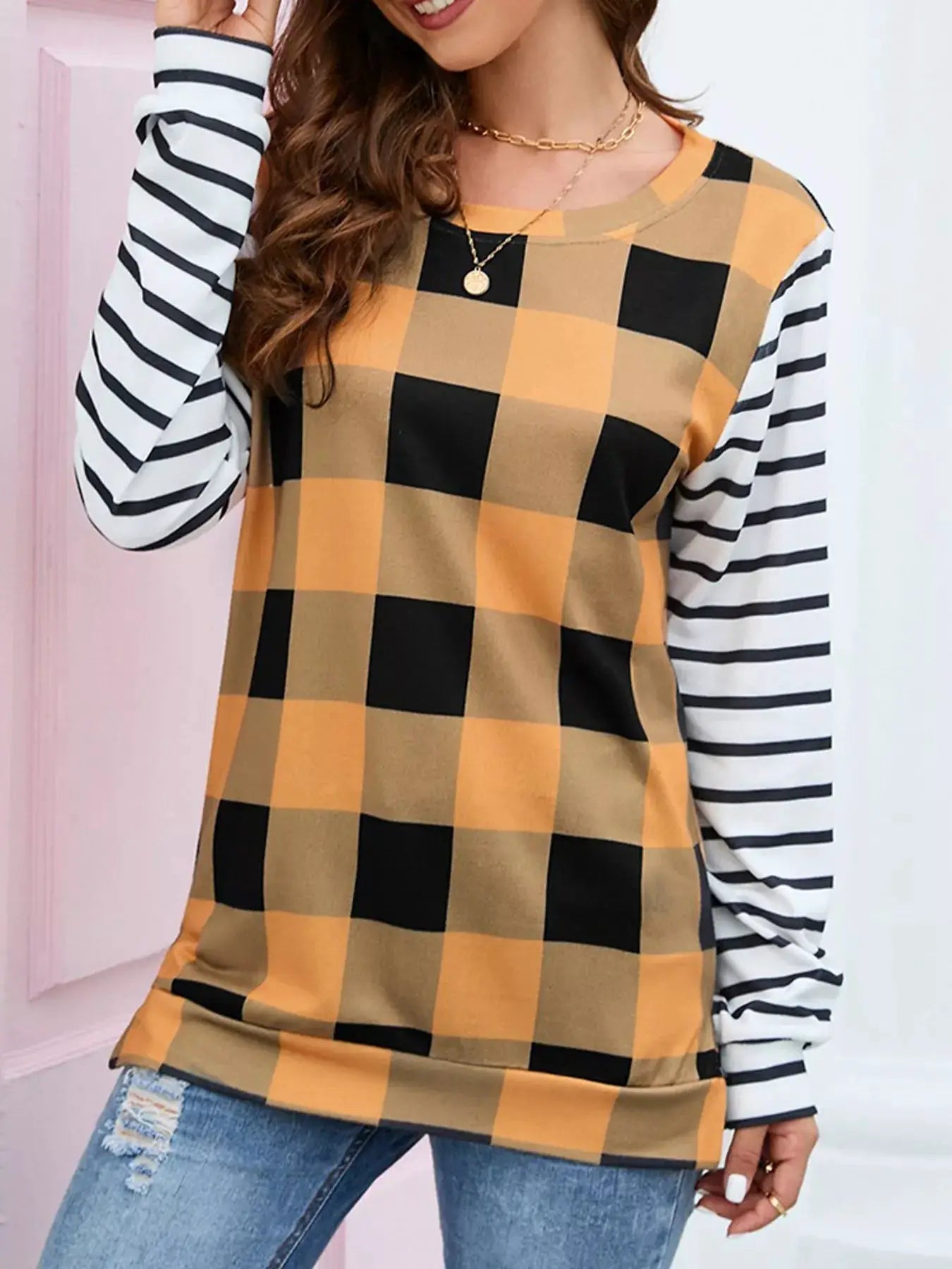 Plaid and Stripe Contrast Long Sleeve T-Shirt by Trendsi