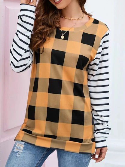 Plaid and Stripe Contrast Long Sleeve T-Shirt by Trendsi