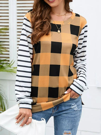 Plaid and Stripe Contrast Long Sleeve T-Shirt by Trendsi