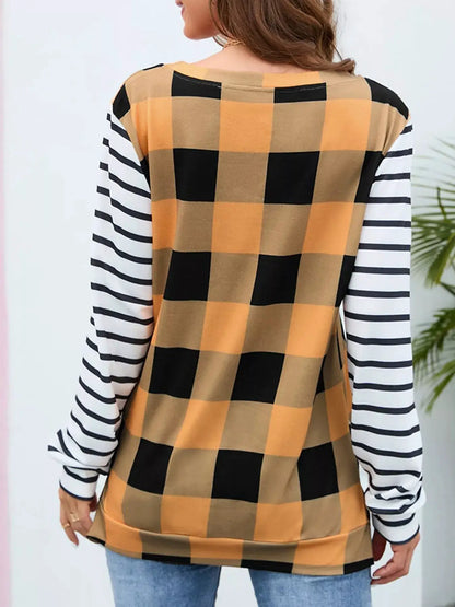 Plaid and Stripe Contrast Long Sleeve T-Shirt by Trendsi