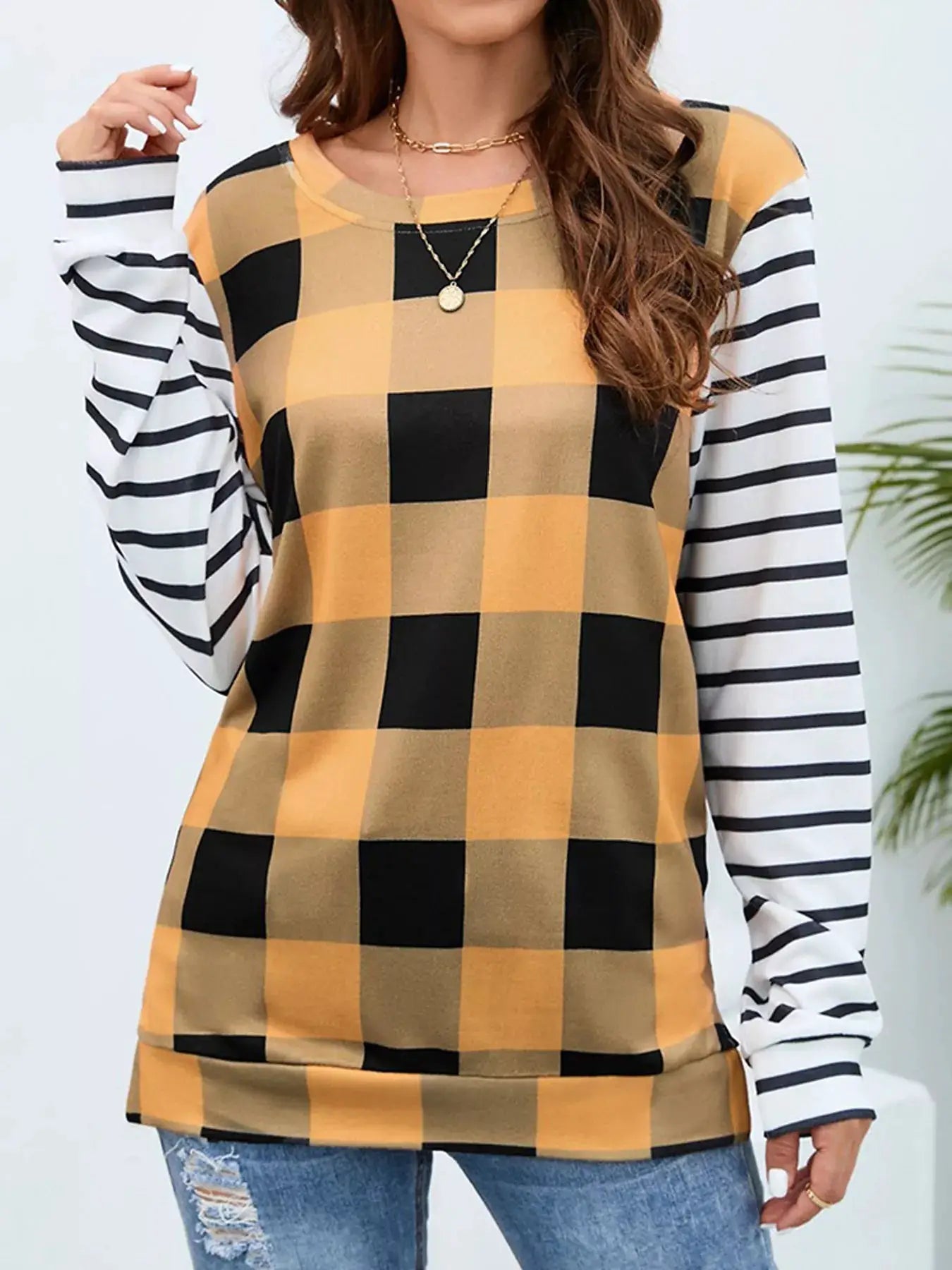 Plaid and Stripe Contrast Long Sleeve T-Shirt by Trendsi