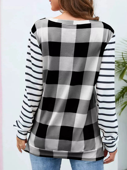 Plaid and Stripe Contrast Long Sleeve T-Shirt by Trendsi